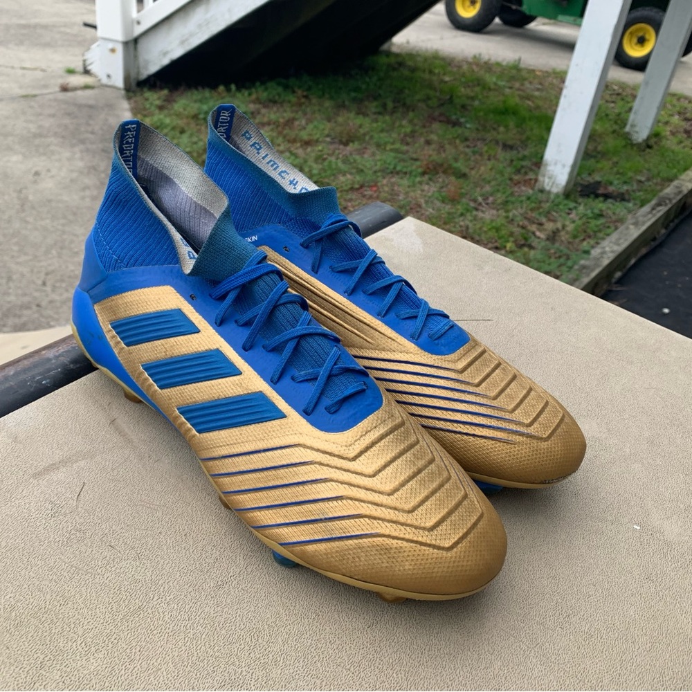So 9.5 Adidas Men Predator 19.1 FG Cleats Gold Blu Soccer Football Spike F35608